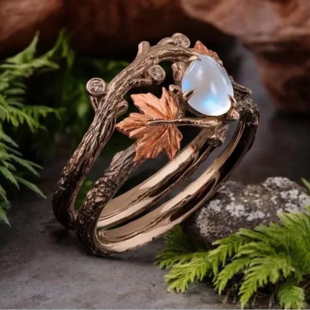 Antiqued Gold Plated Nature Inspired Moonstone Leaf Ring. New. - Picture 7 of 14